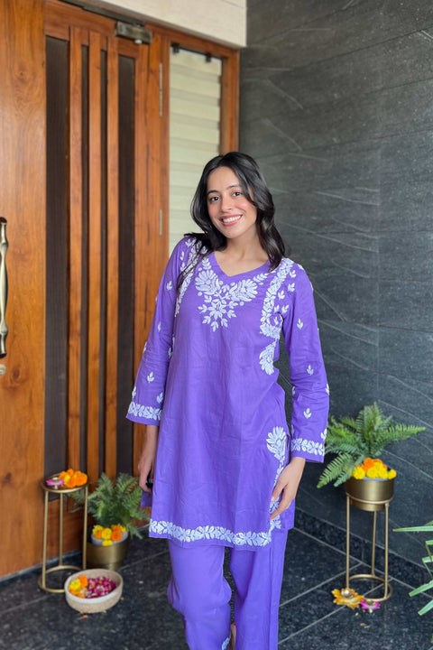 Zeenat Cotton Chikankari Short Kurta Set- Purple (Set of 2)