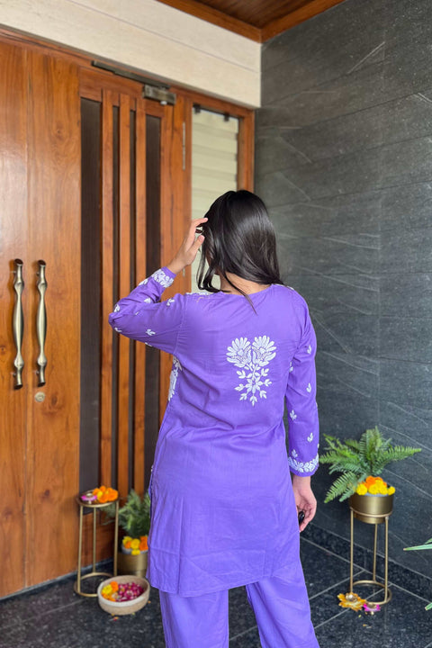 Zeenat Cotton Chikankari Short Kurta Set- Purple (Set of 2)