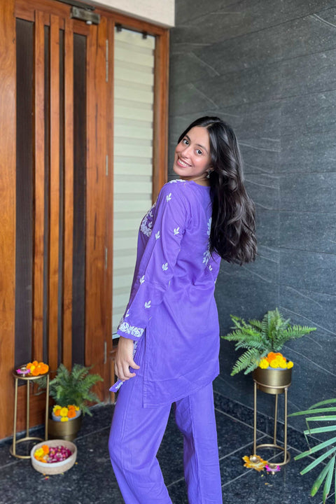 Zeenat Cotton Chikankari Short Kurta Set- Purple (Set of 2)