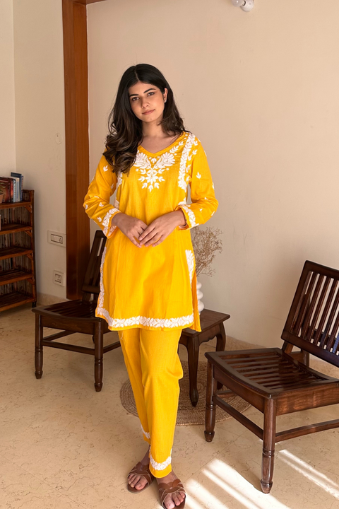 Zeenat Cotton Chikankari Short Kurta Set- Yellow (Set of 2)