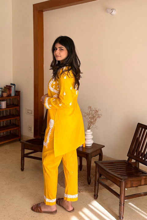 Zeenat Cotton Chikankari Short Kurta Set- Yellow (Set of 2)