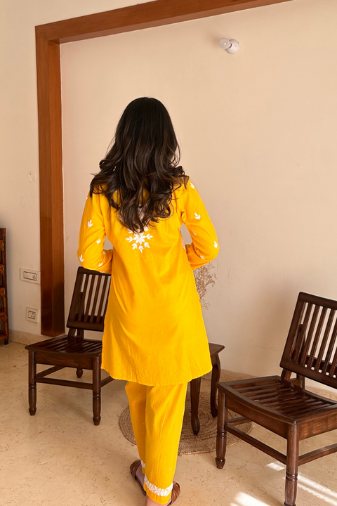 Zeenat Cotton Chikankari Short Kurta Set- Yellow (Set of 2)