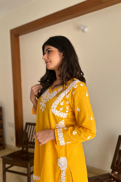 Zeenat Cotton Chikankari Short Kurta Set- Yellow (Set of 2)