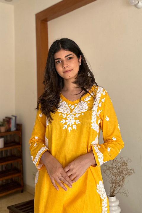 Zeenat Cotton Chikankari Short Kurta Set- Yellow (Set of 2)