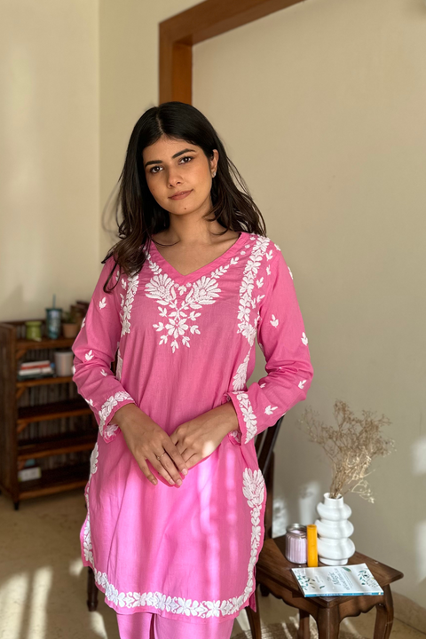 Zeenat Cotton Chikankari Short Kurta Set- Pink (Set of 2)