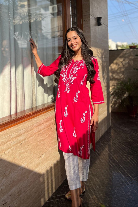 Zoya Cotton Rayon Chikankari Kurta- Red