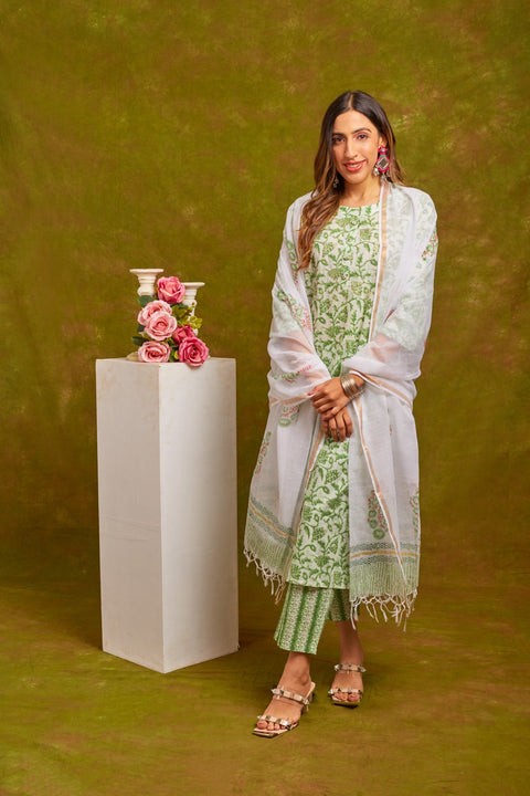 Vani Cotton Handblock Printed Suit Set with Kota Doriya Dupatta- Green (Set of 3)