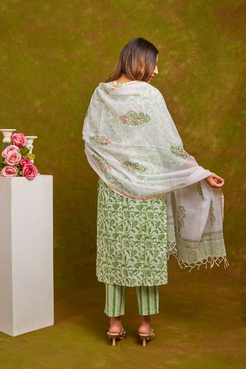 Vani Cotton Handblock Printed Suit Set with Kota Doriya Dupatta- Green (Set of 3)
