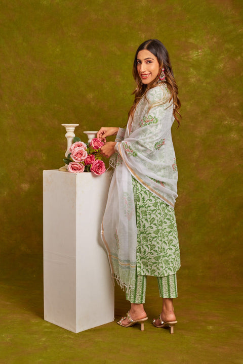 Vani Cotton Handblock Printed Suit Set with Kota Doriya Dupatta- Green (Set of 3)
