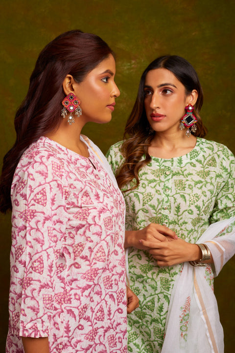 Vani Cotton Handblock Printed Suit Set with Kota Doriya Dupatta- Green (Set of 3)