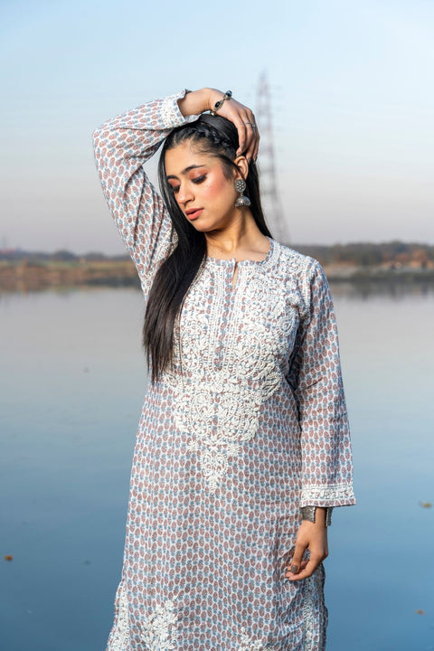 Arha Cotton Mul Printed Chikankari Kurta- Blue