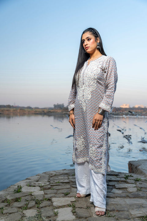 Arha Cotton Mul Printed Chikankari Kurta- Blue