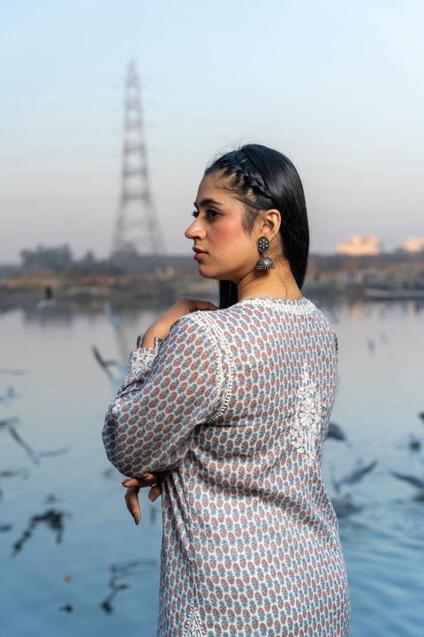 Arha Cotton Mul Printed Chikankari Kurta- Blue