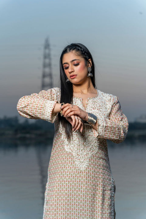 Arha Cotton Mul Printed Chikankari Kurta- Red