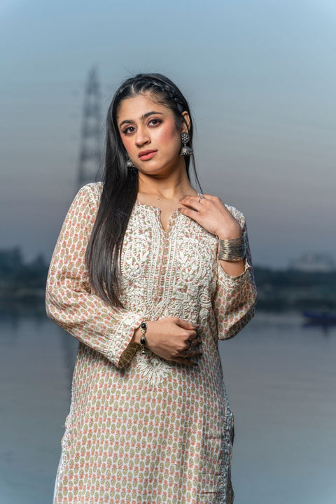 Arha Cotton Mul Printed Chikankari Kurta- Red