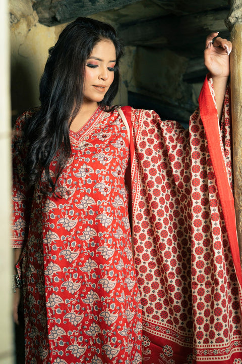 Gauri Cotton Handblock Printed Suit Set- Red (Set of 3)