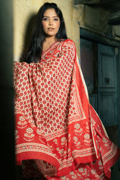 Gauri Cotton Handblock Printed Suit Set- Red (Set of 3)