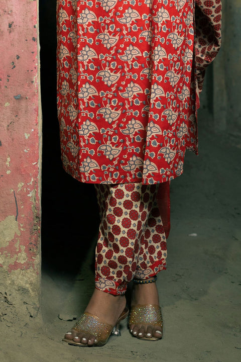 Gauri Cotton Handblock Printed Suit Set- Red (Set of 3)