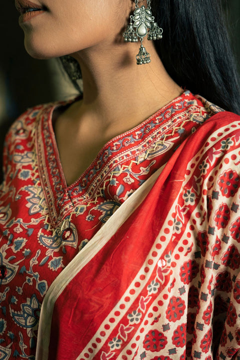 Gauri Cotton Handblock Printed Suit Set- Red (Set of 3)