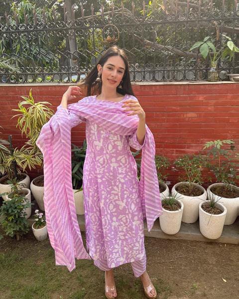 Nitya Cotton Handblock Printed Suit Set with Kota Doriya Dupatta- Lilac (Set of 3)