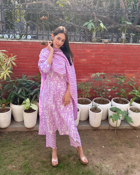 Nitya Cotton Handblock Printed Suit Set with Kota Doriya Dupatta- Lilac (Set of 3)