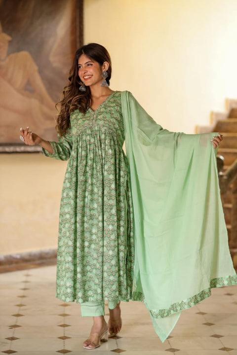 Shyla Cotton Printed Suit Set with Mulmul Dupatta- Green (Set of 3)
