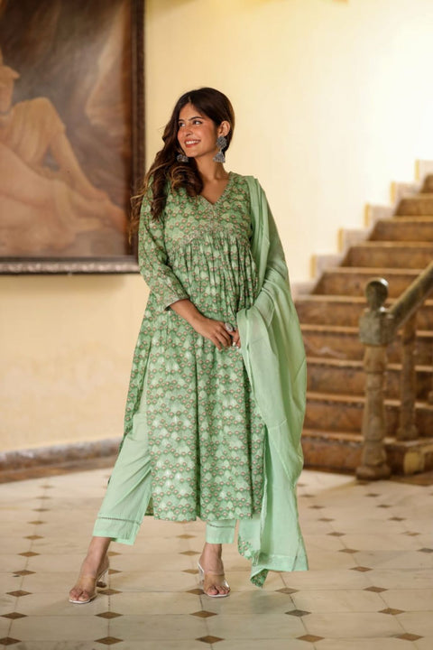 Shyla Cotton Printed Suit Set with Mulmul Dupatta- Green (Set of 3)